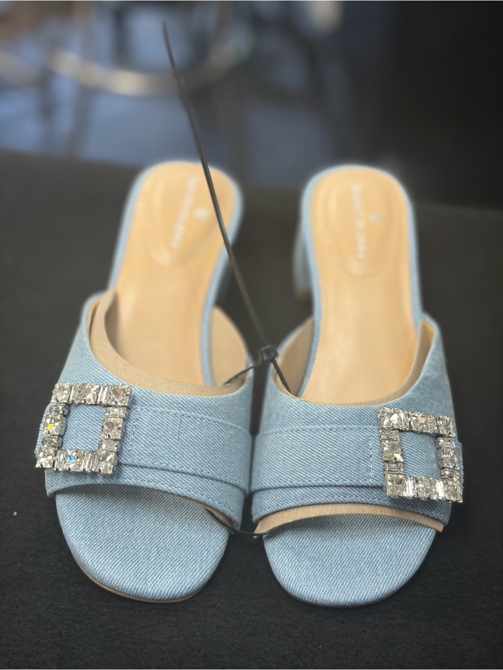 Bandolino Light Blue Denim Slide Mules with Crystal Buckle